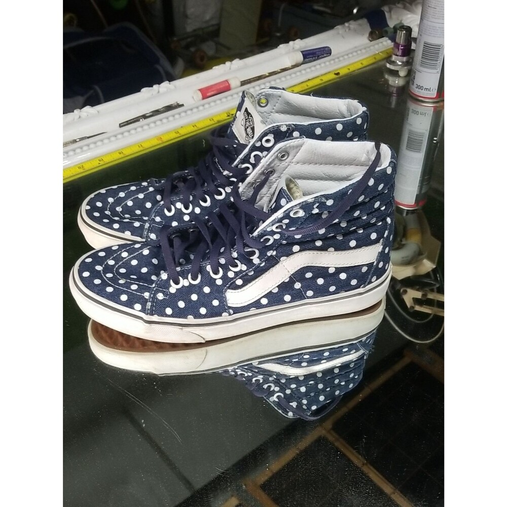 Womens 9 Vans Off the Wall Sk8-Hi high-top blue denim White Polka Dots.